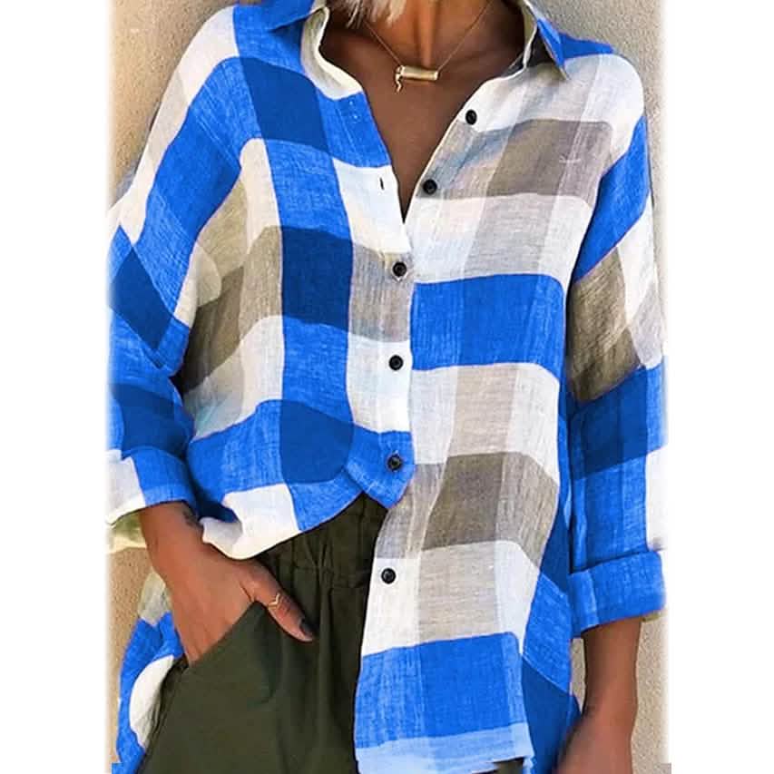 Women's Basic Loose Checkered Long Sleeve Shirt
