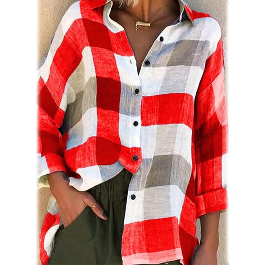 Women's Basic Loose Checkered Long Sleeve Shirt