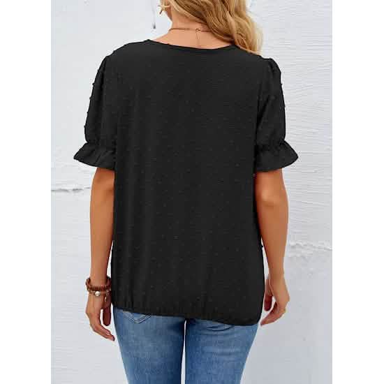 Women's Casual Lace Pom Pom V Neck Chiffon Short Sleeve Top