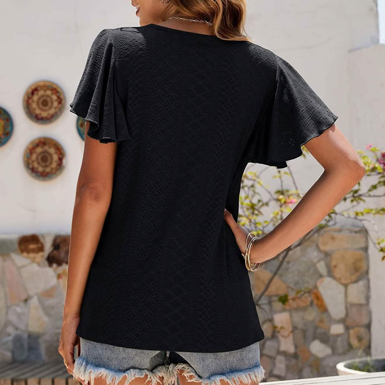 Womens Casual T-Shirts Summer Crew Neck Ruffle Sleeve Tees Tunic Tops