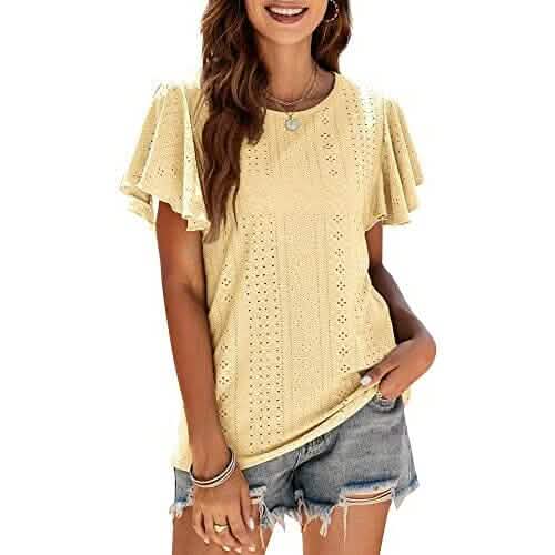 Womens Casual T-Shirts Summer Crew Neck Ruffle Sleeve Tees Tunic Tops
