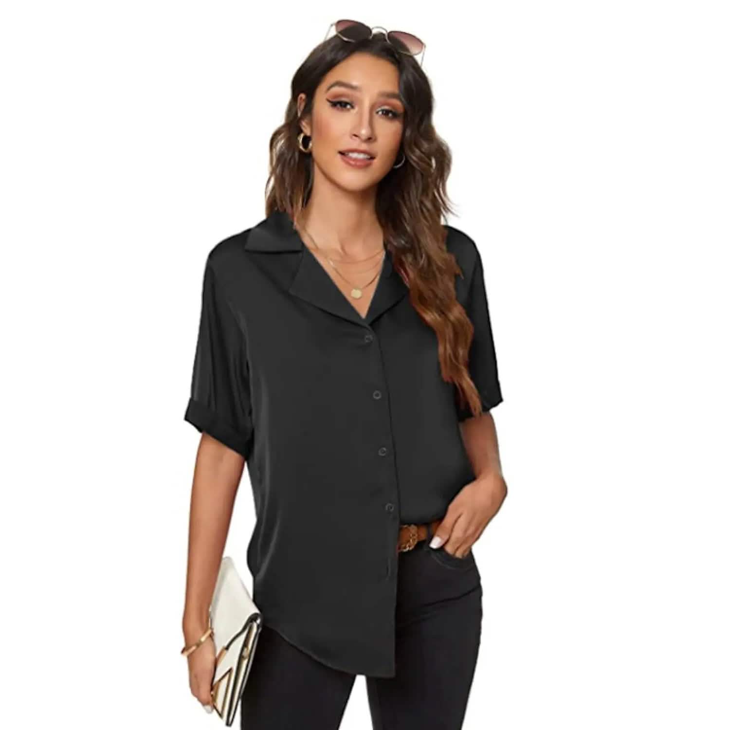 Women's Short Sleeve Casual Satin Button Down Shirt