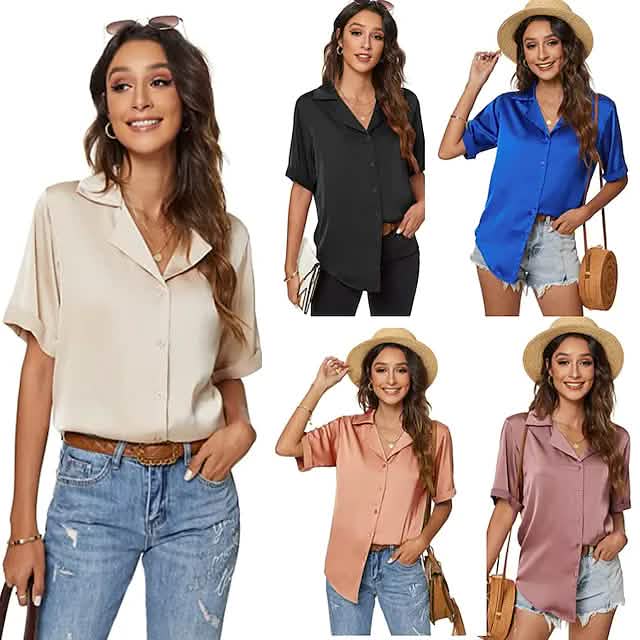 Women's Short Sleeve Casual Satin Button Down Shirt