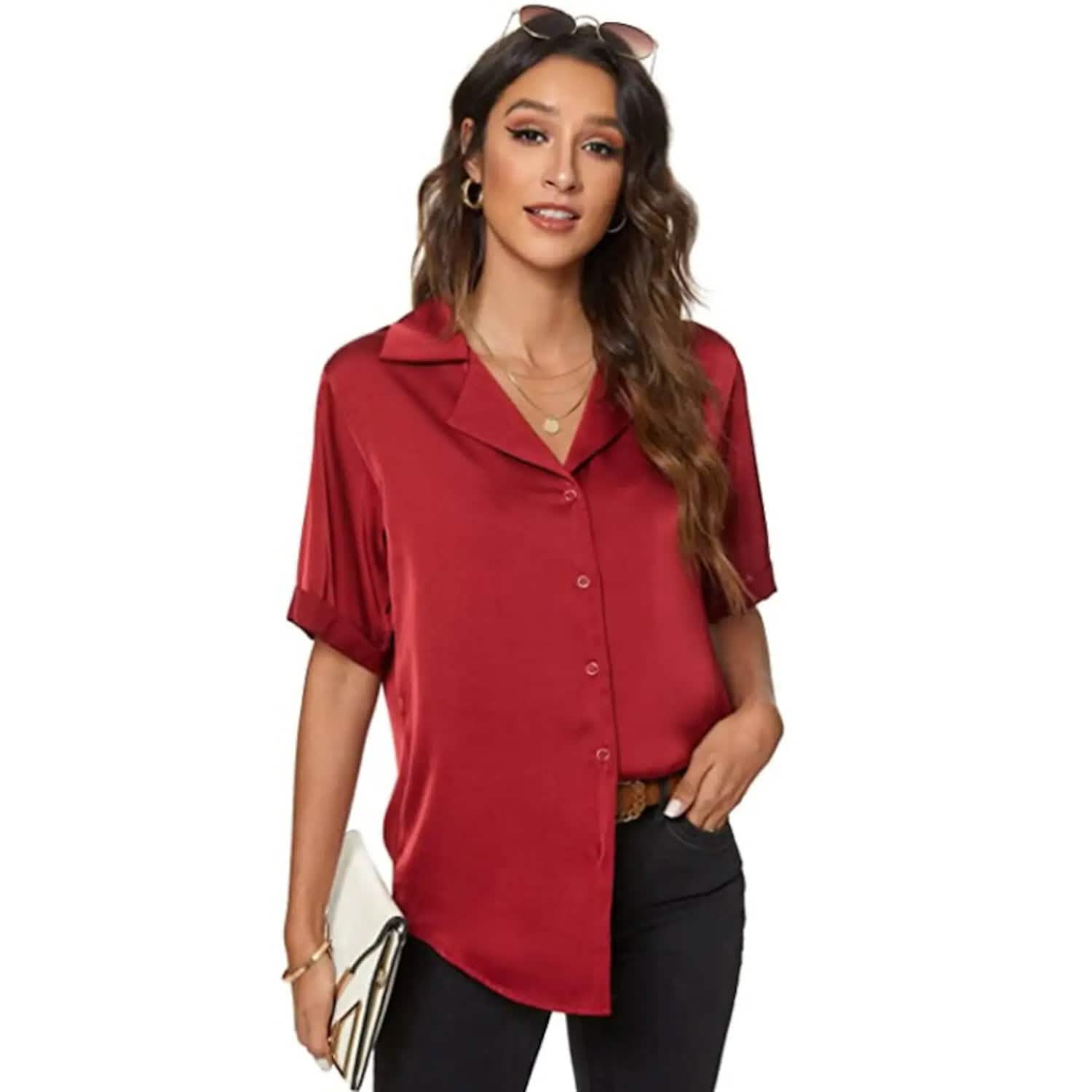 Women's Short Sleeve Casual Satin Button Down Shirt